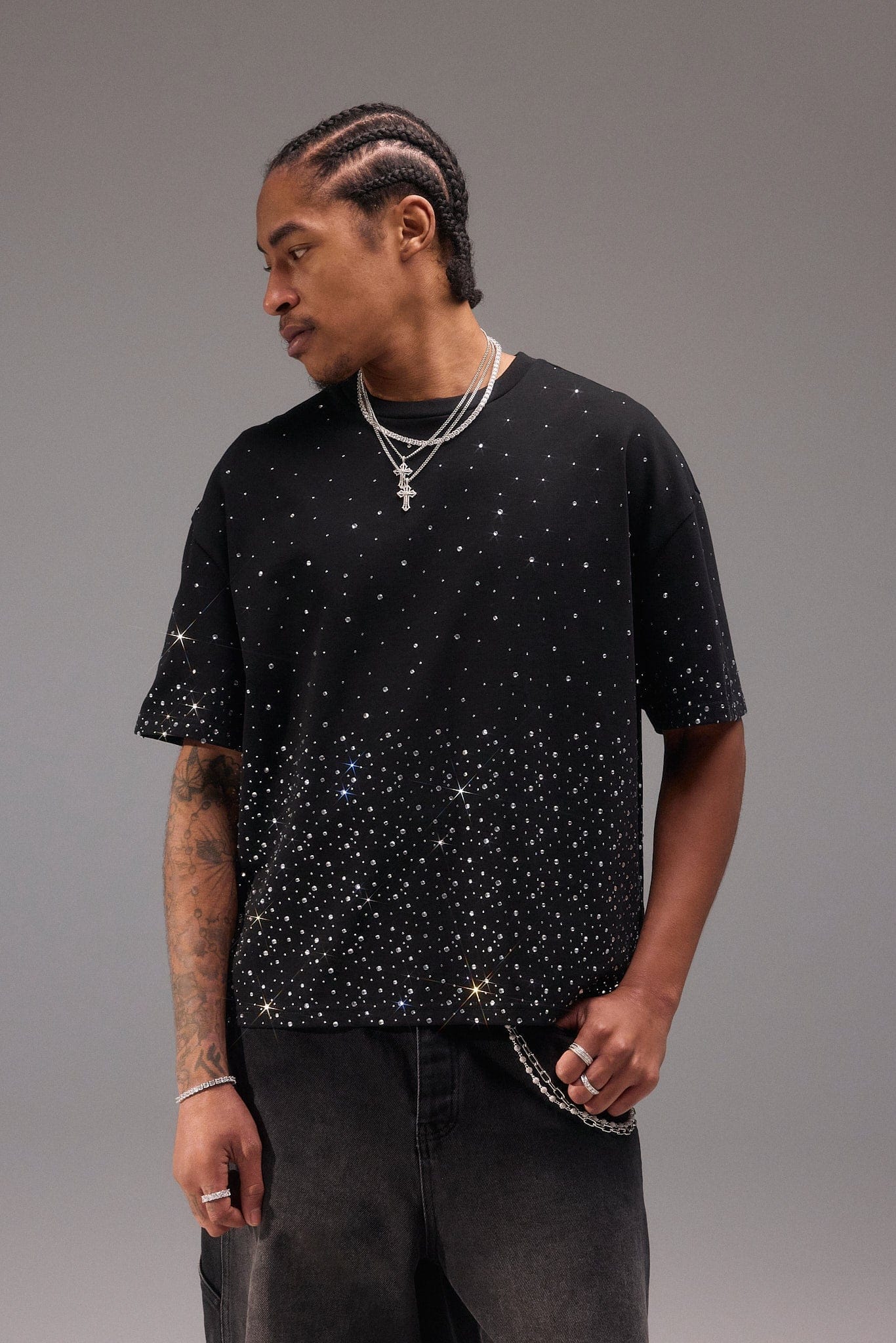 Cernucci Boxy Rhinestone T-Shirt - Black - Kick Game
