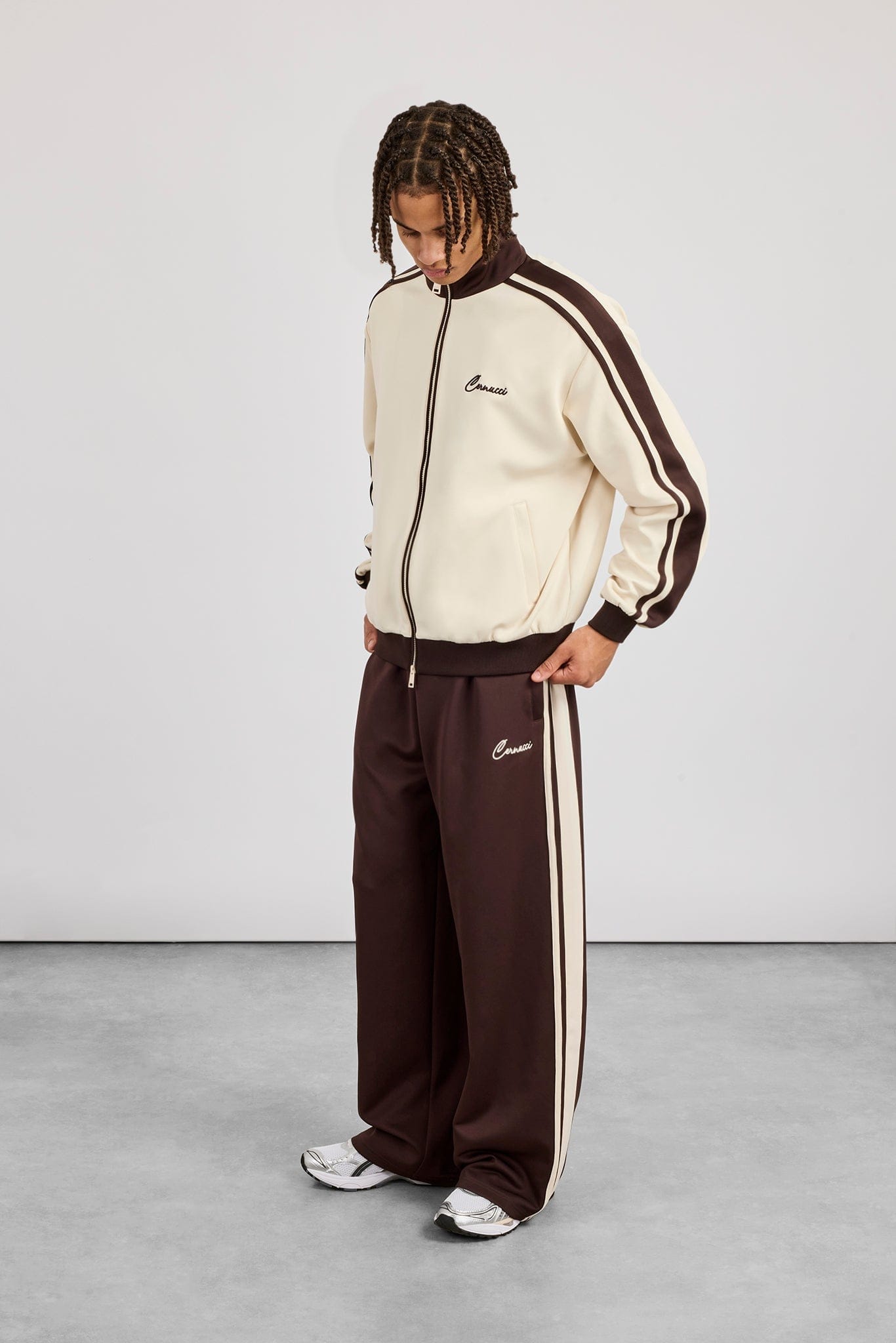 Men's Contrast Detail Track Top & Baggy Track Pant - Off White / Chocolate - Kick Game