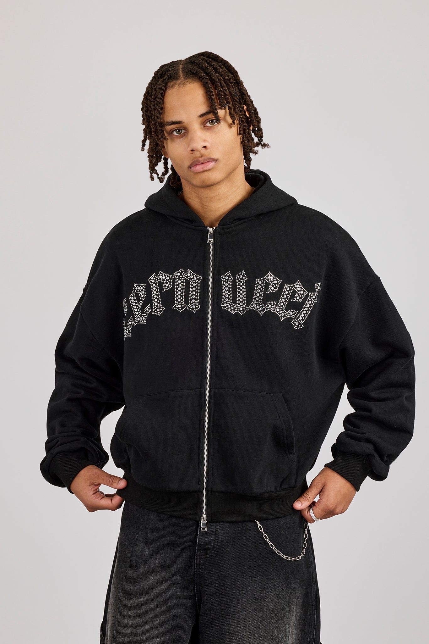 Cernucci Rhinestone Logo Zip Hoodie - Black - Kick Game