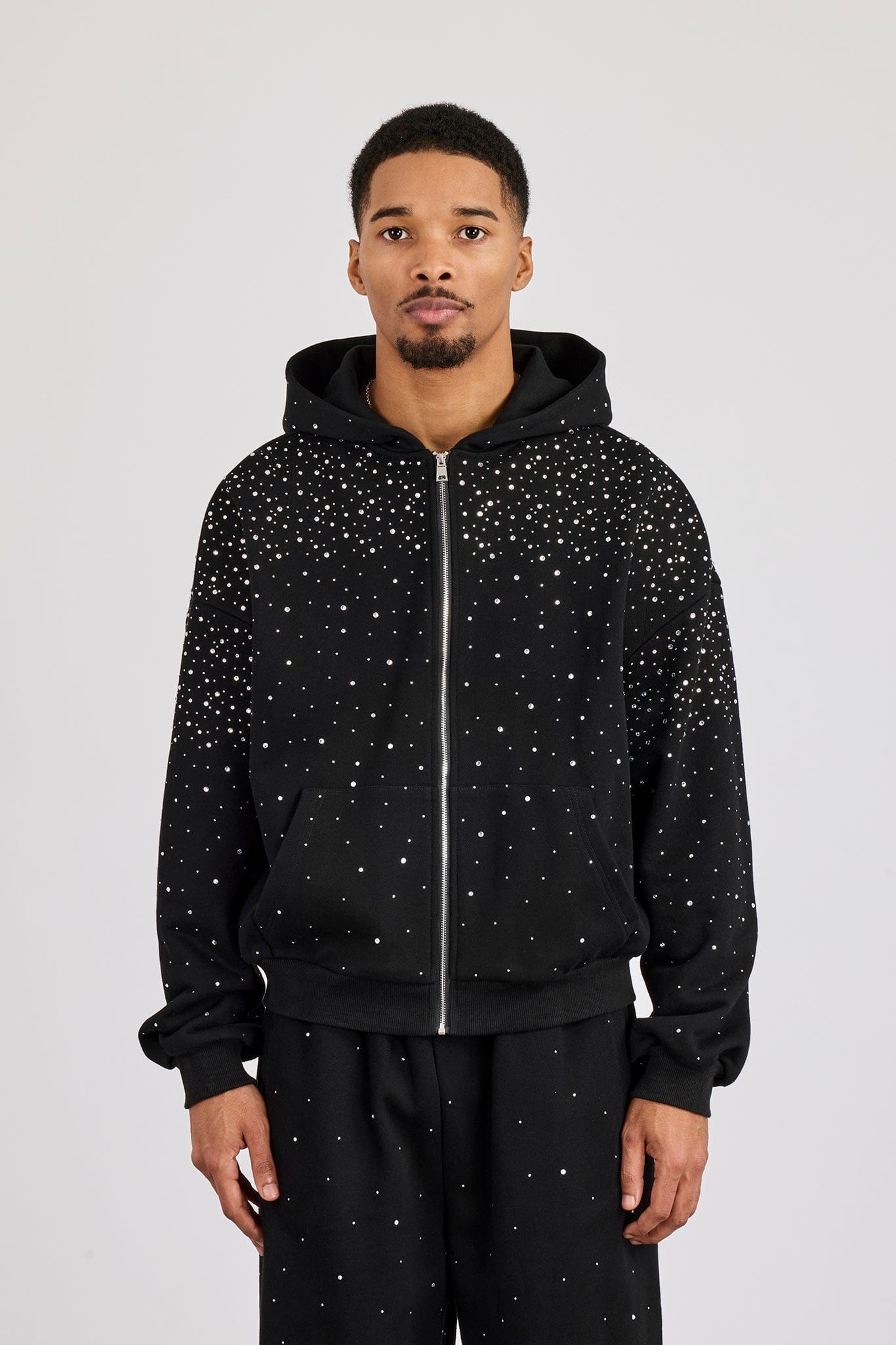 Cernucci Rhinestone Zip Through Hoodie - Black - Kick Game