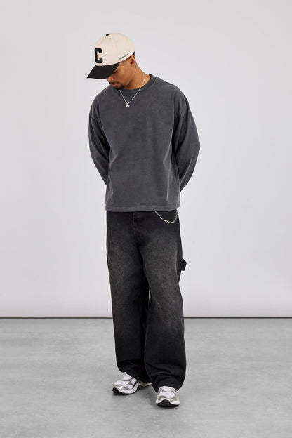 Washed Long Sleeve T-Shirt - Charcoal - Kick Game