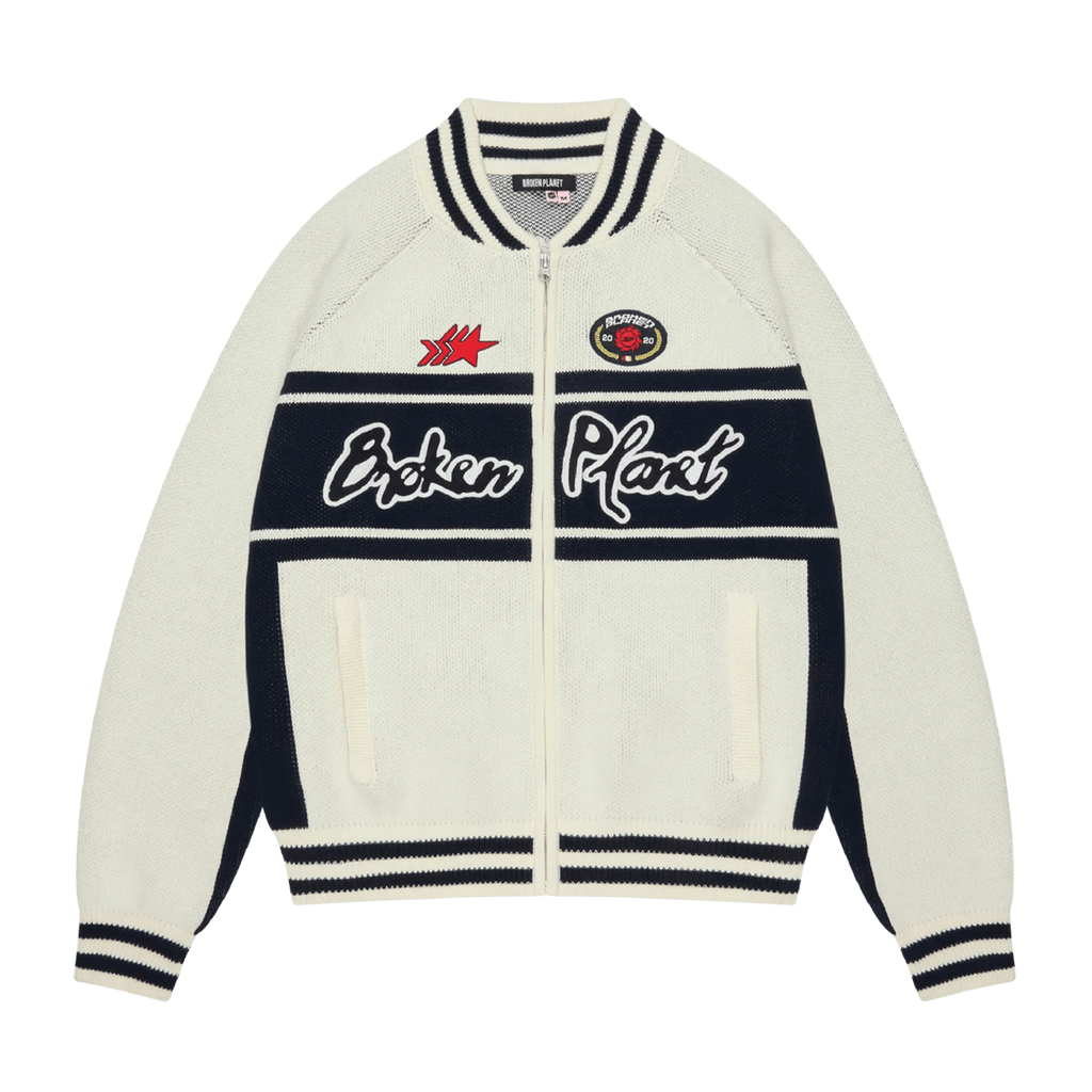 Broken Planet Racer Knit Zip Up 'White Navy' - Kick Game