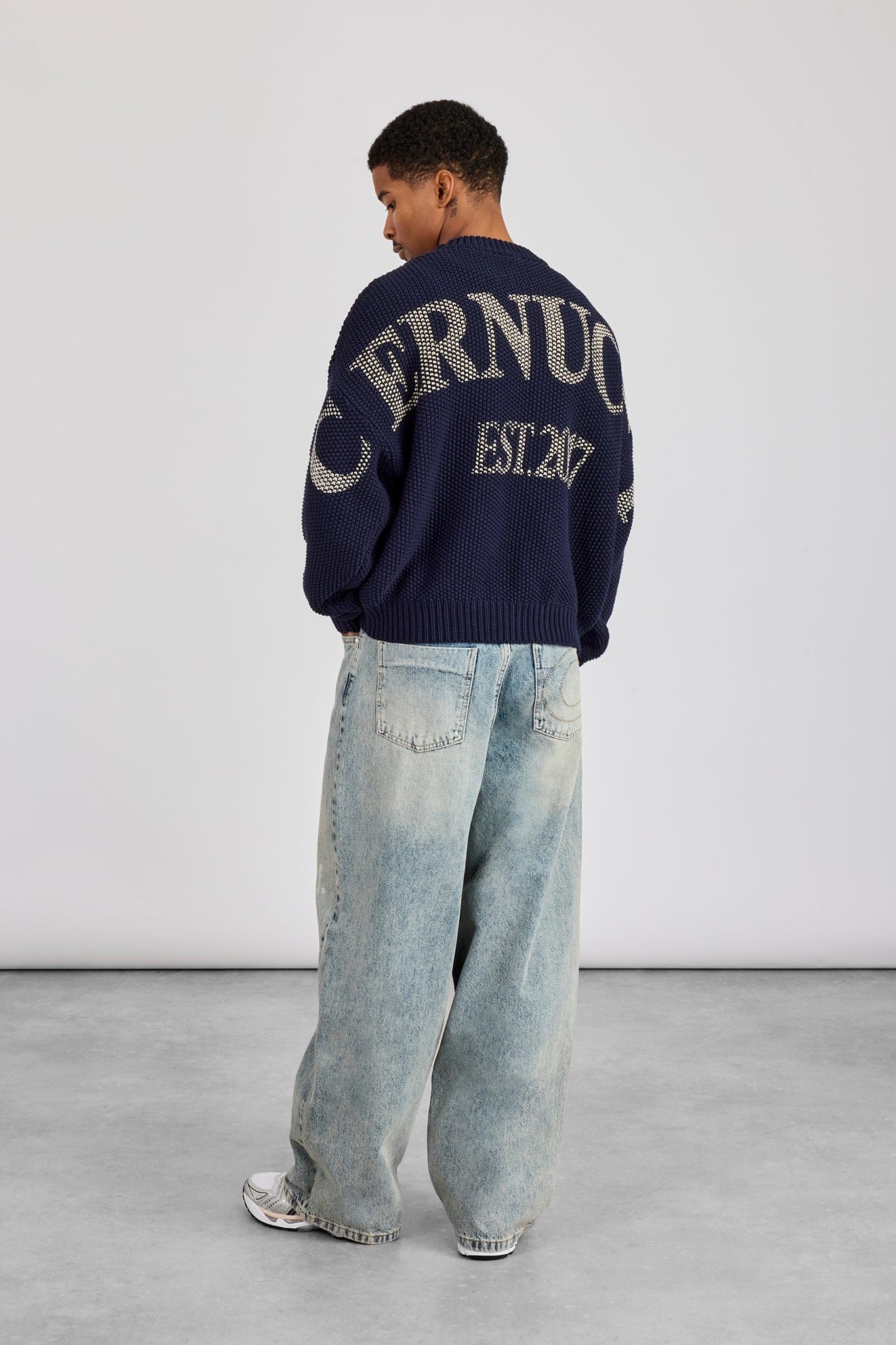 Cernucci Textured Knit Printed Sweatshirt - Navy Blue - Kick Game