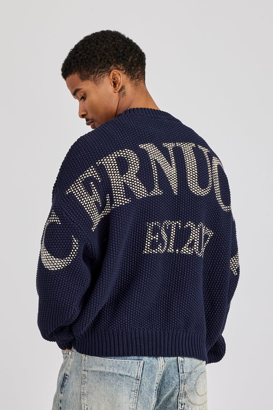Cernucci Textured Knit Printed Sweatshirt - Navy Blue - Kick Game