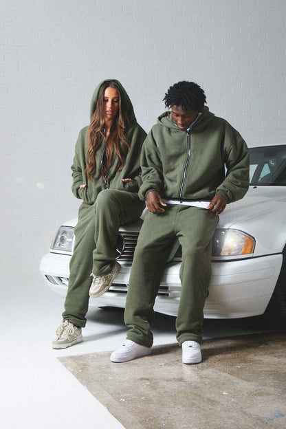 KAIZEN MARKET DOUBLE LAYERED ZIP HOODIE MILITARY - Kick Game