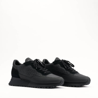 MALLET Popham Men's Black Tumbled Leather Monogram Trainers - Kick Game
