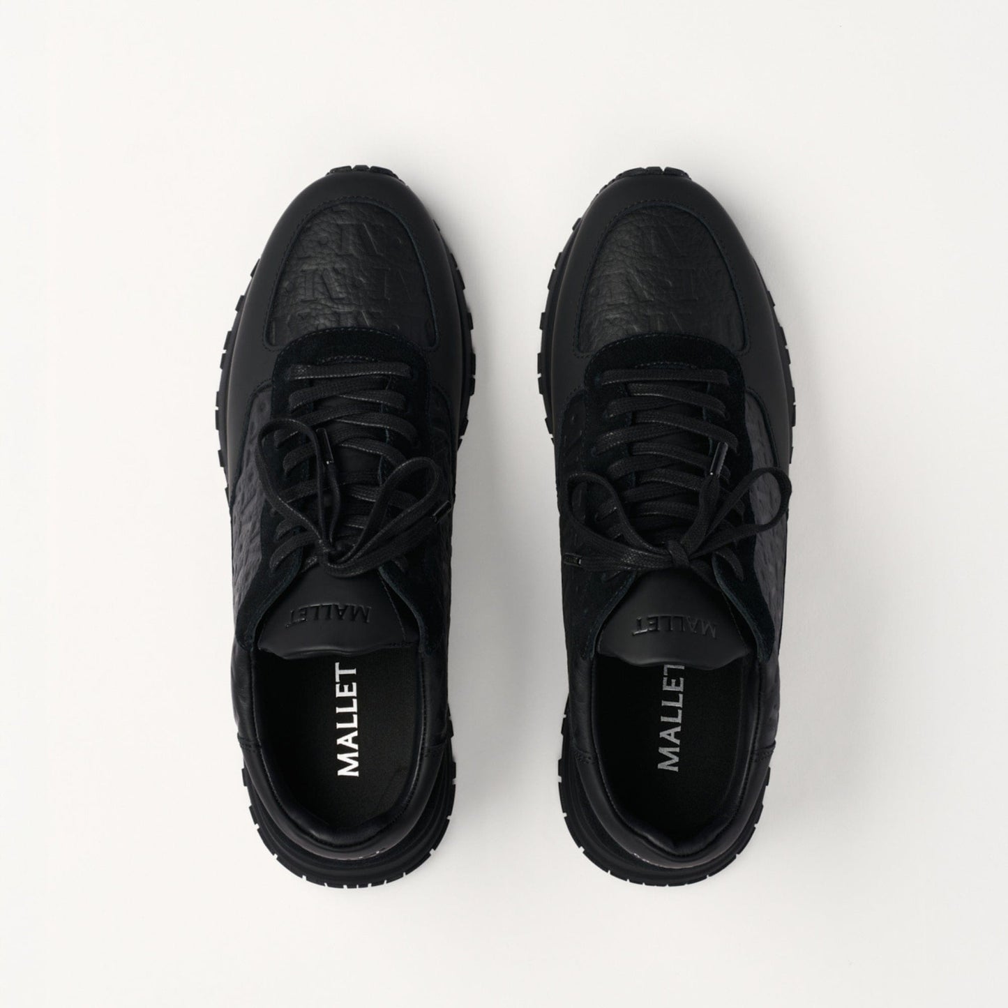 MALLET Popham Men's Black Tumbled Leather Monogram Trainers - Kick Game