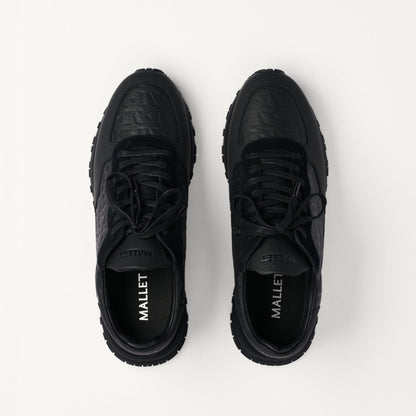 MALLET Popham Men's Black Tumbled Leather Monogram Trainers - Kick Game