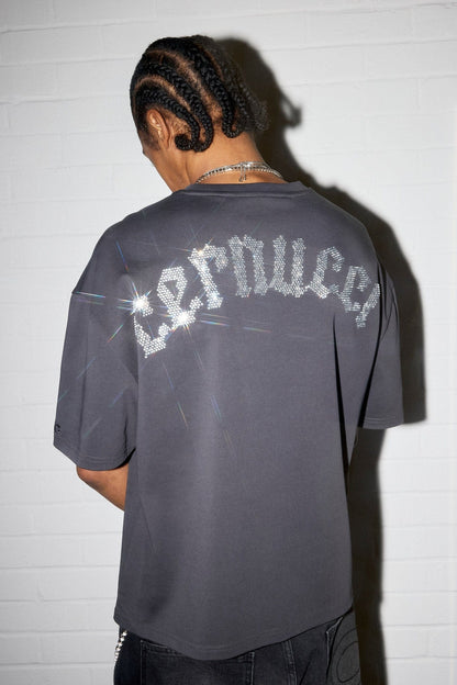 Boxy Rhinestone Logo T-Shirt - Charcoal - Kick Game
