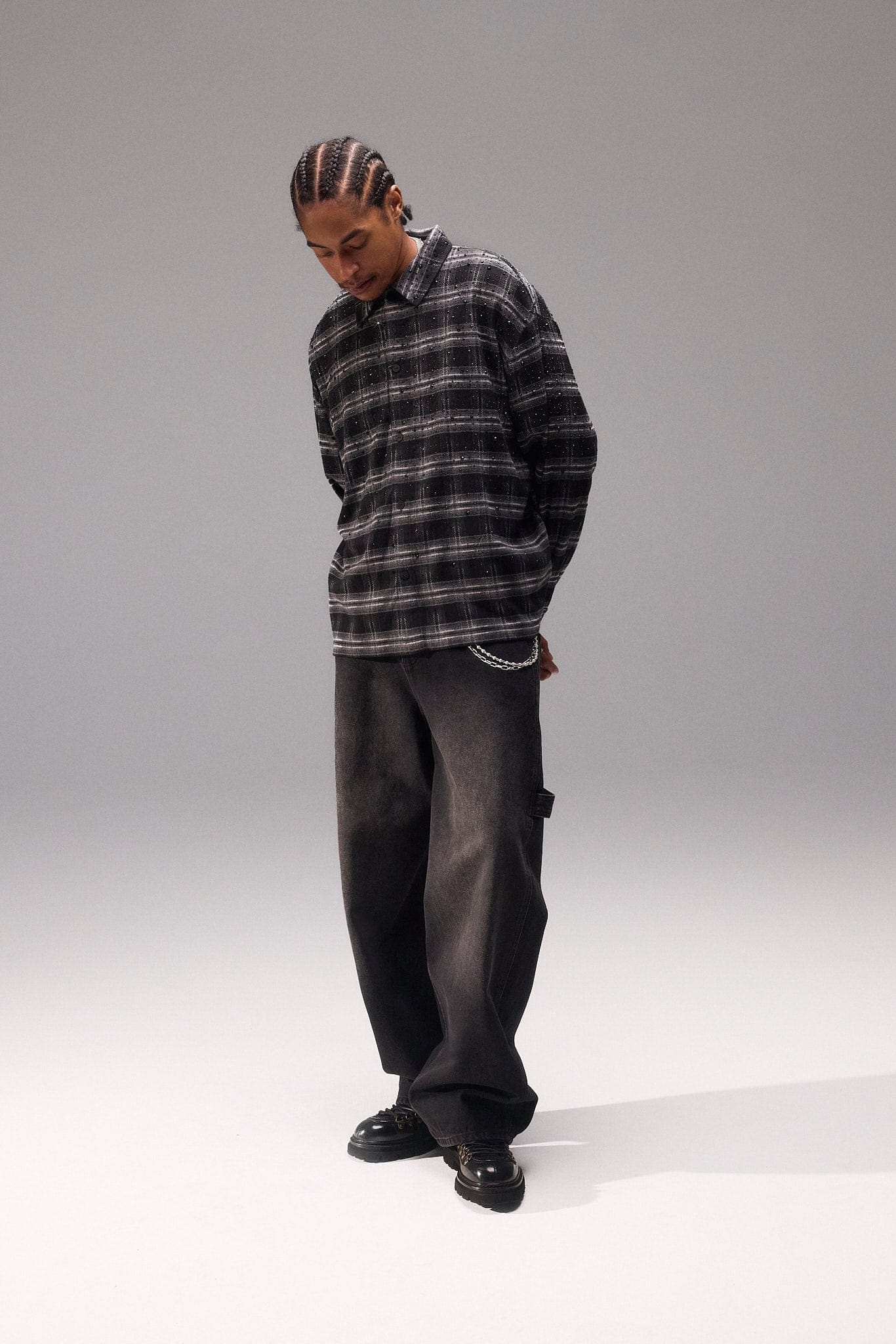 Cernucci Rhinestone Check Shirt - Black - Kick Game