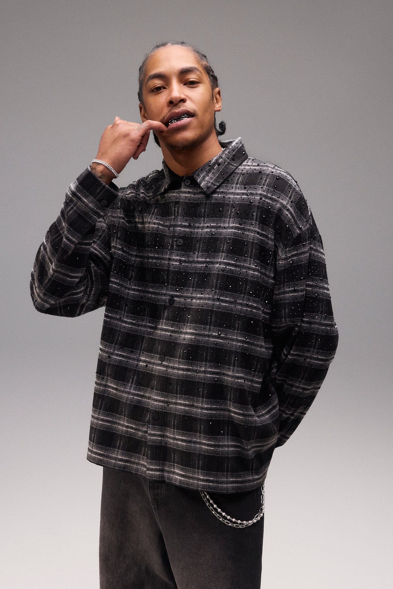 Cernucci Rhinestone Check Shirt - Black - Kick Game