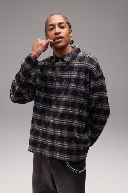 Cernucci Rhinestone Check Shirt - Black - Kick Game