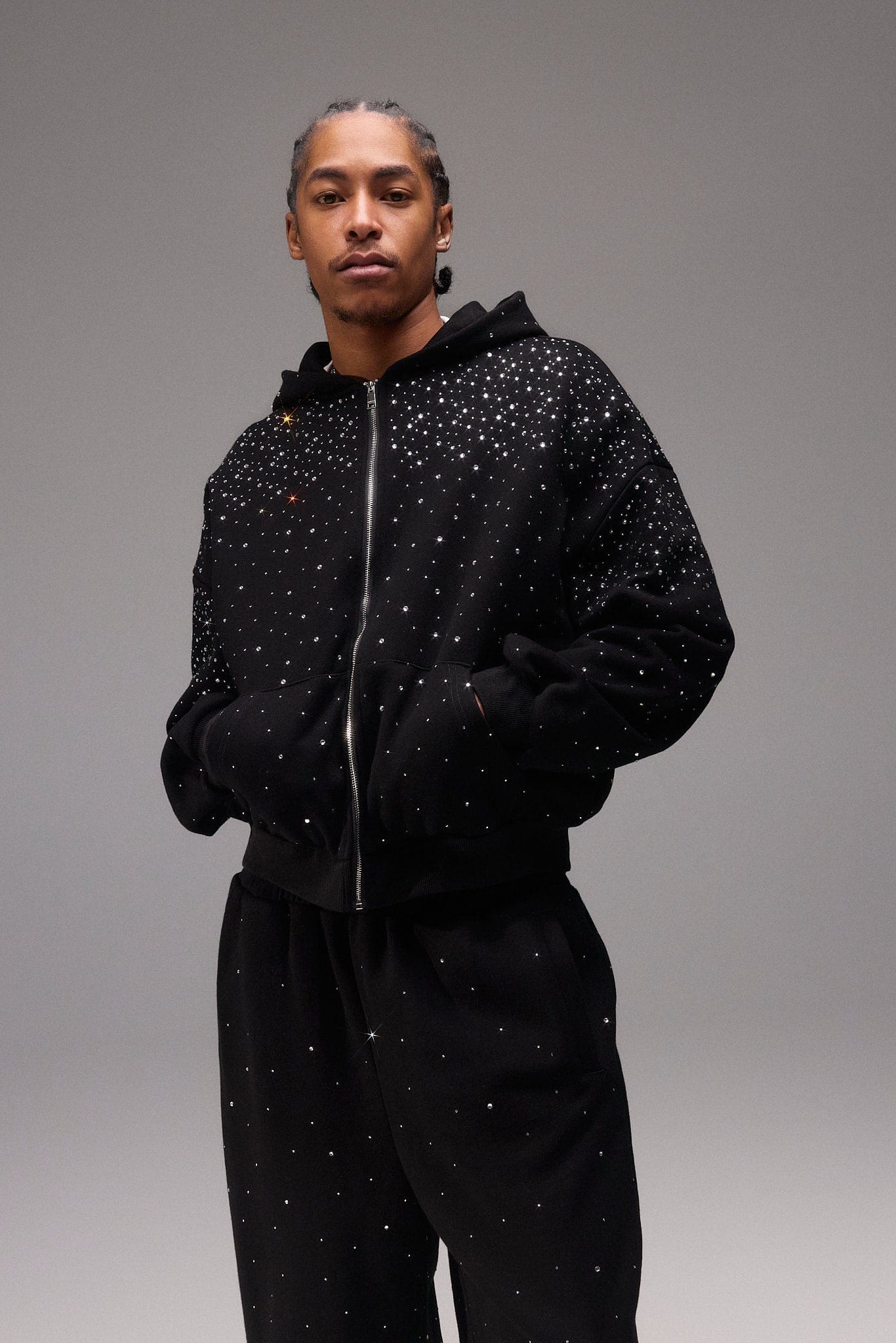 Cernucci Rhinestone Zip Through Hoodie - Black - Kick Game