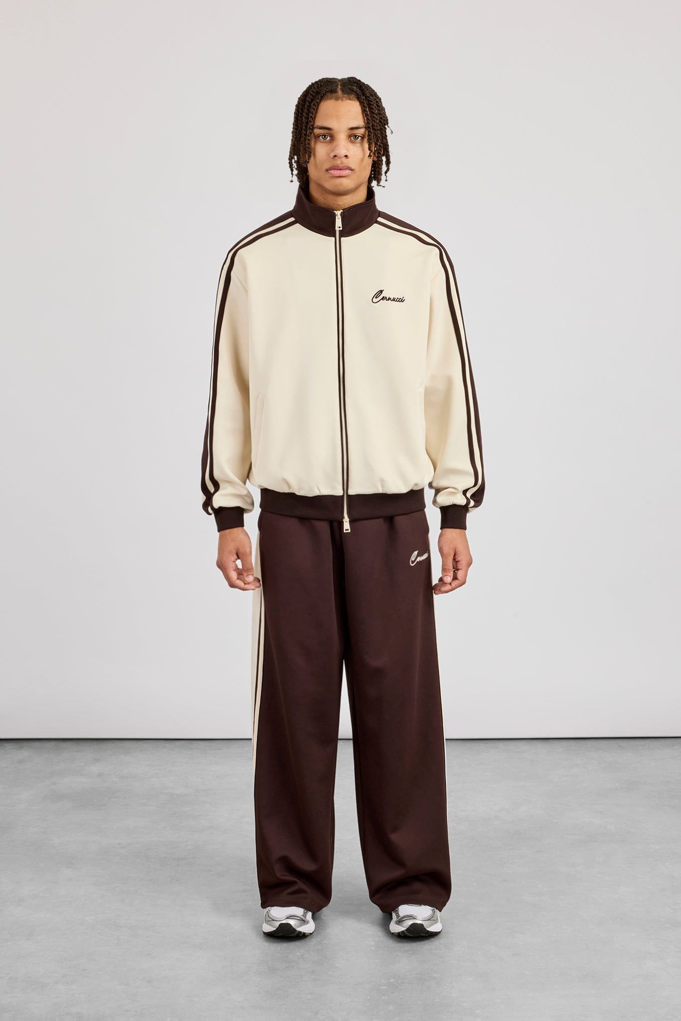 Men's Contrast Detail Track Top & Baggy Track Pant - Off White / Chocolate - Kick Game