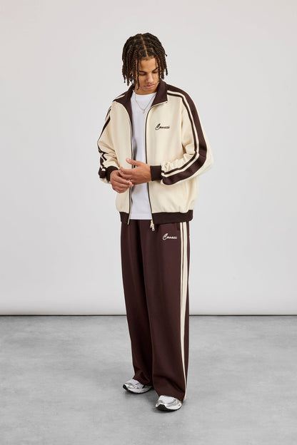 Men's Contrast Detail Track Top & Baggy Track Pant - Off White / Chocolate - Kick Game