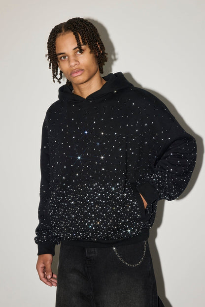 Cernucci Mens Boxy Rhinestone Hoodie - Black - Kick Game