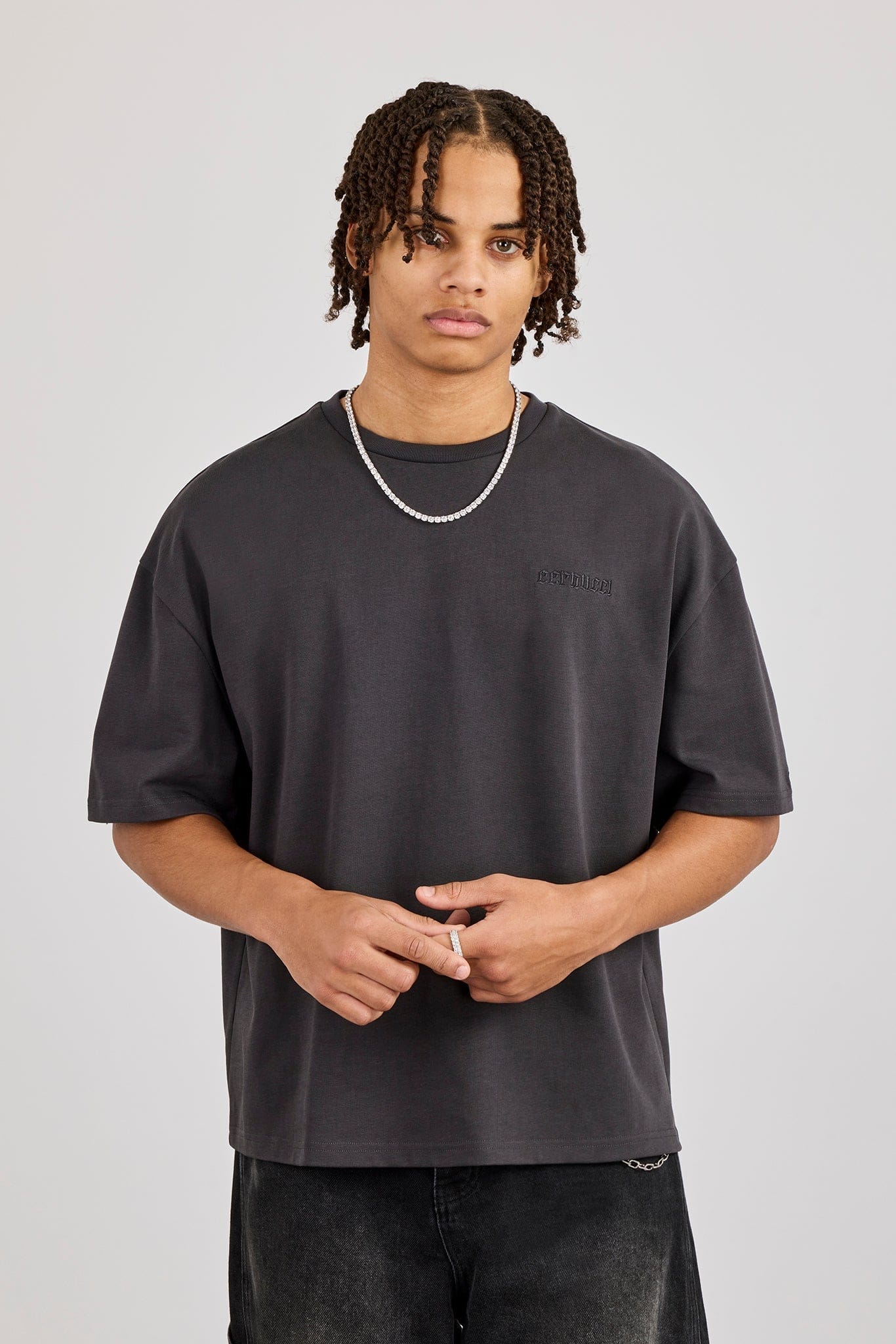 Boxy Rhinestone Logo T-Shirt - Charcoal - Kick Game