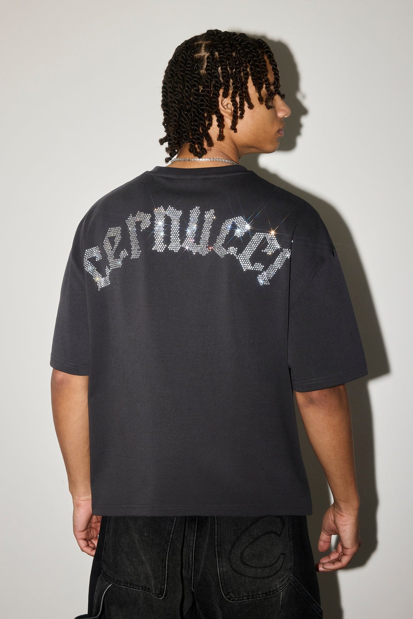 Boxy Rhinestone Logo T-Shirt - Charcoal - Kick Game