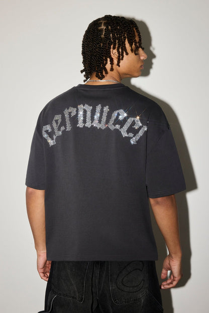 Boxy Rhinestone Logo T-Shirt - Charcoal - Kick Game