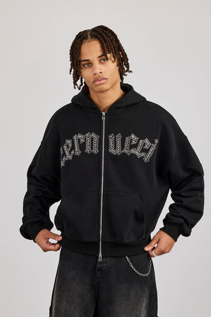 Cernucci Rhinestone Logo Zip Hoodie - Black - Kick Game