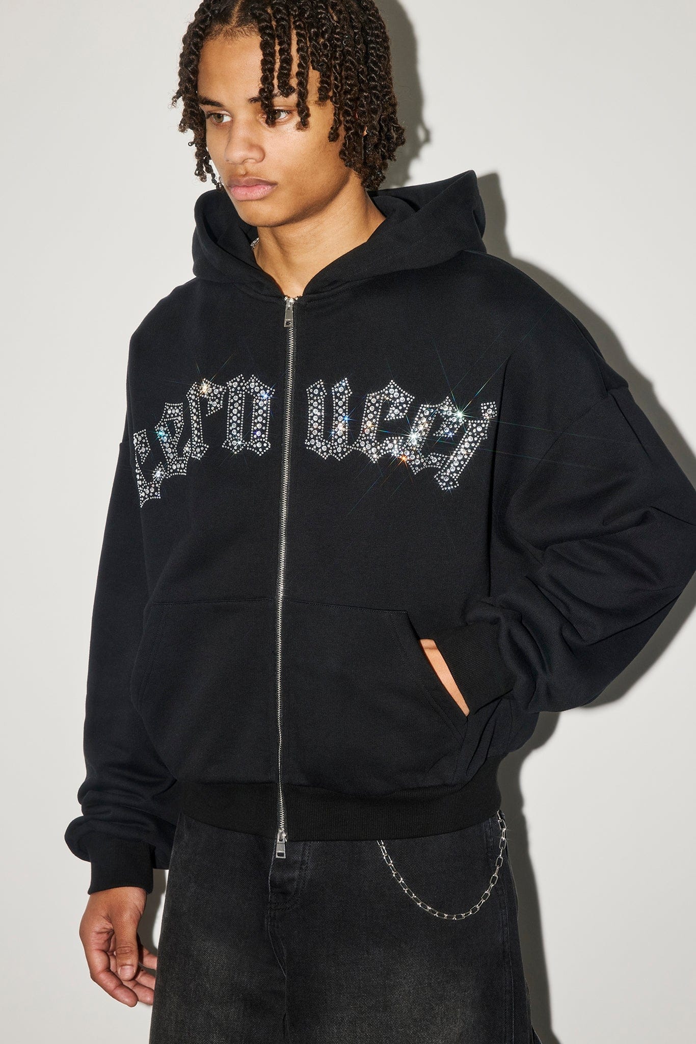 Cernucci Rhinestone Logo Zip Hoodie - Black - Kick Game