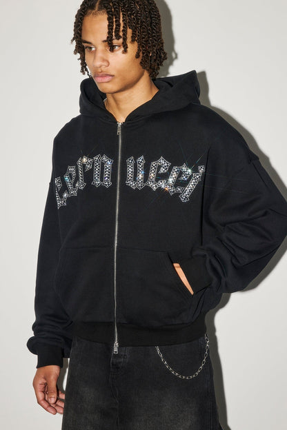 Cernucci Rhinestone Logo Zip Hoodie - Black - Kick Game