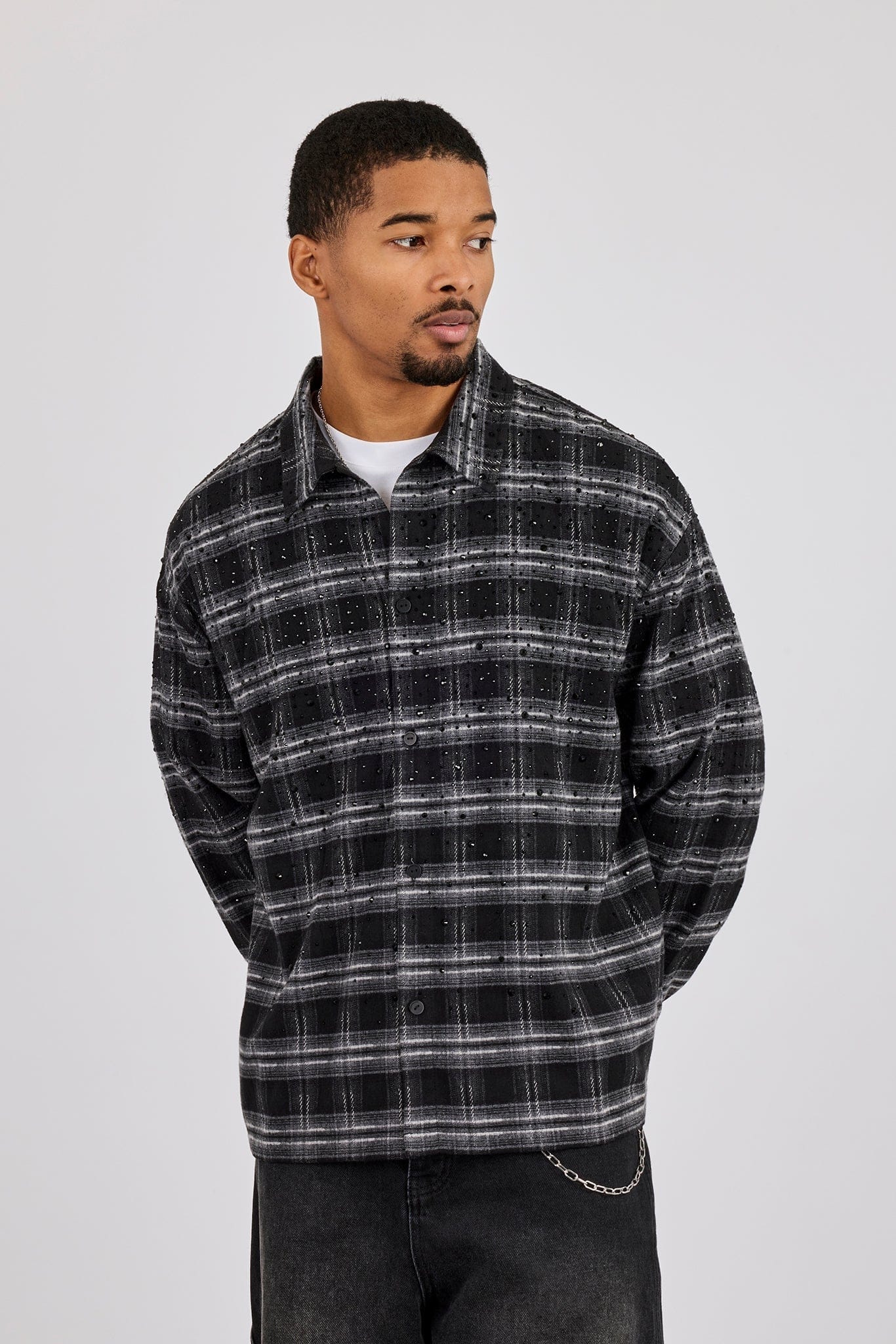 Cernucci Rhinestone Check Shirt - Black - Kick Game