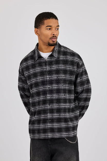 Cernucci Rhinestone Check Shirt - Black - Kick Game