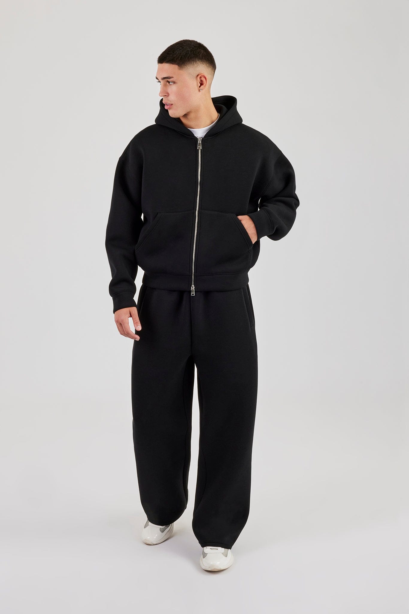 Scuba Zip Through Boxy Hoodie & Baggy Fit Trouser - Black - Kick Game