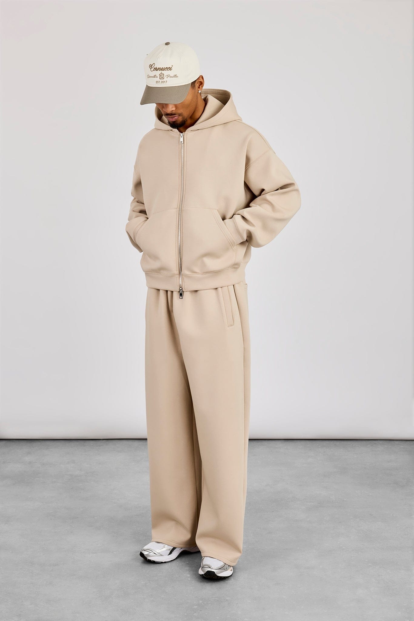 Scuba Zip Through Boxy Hoodie & Baggy Fit Trouser - Stone - Kick Game