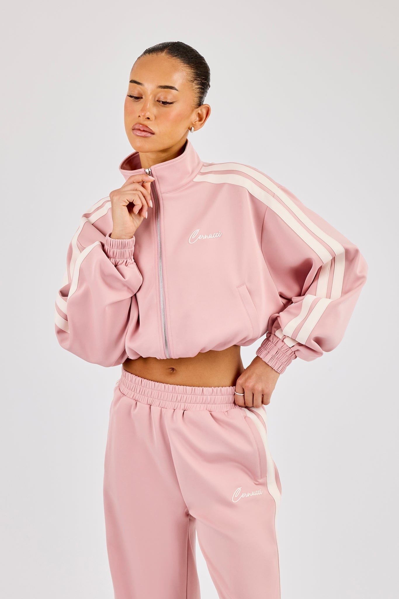 Taping Cropped Funnel Neck Jacket - Dusty Pink - Kick Game