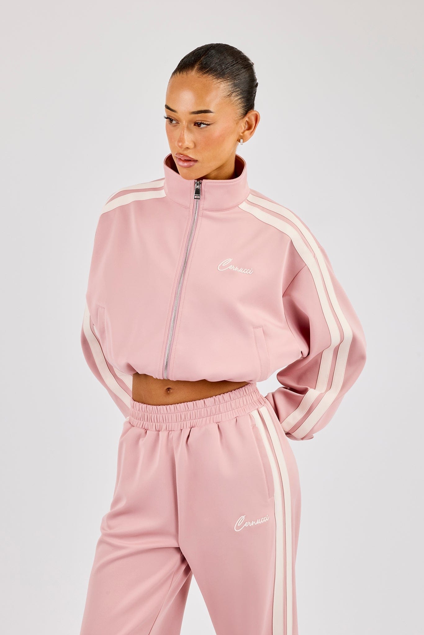 Taping Cropped Funnel Neck Jacket - Dusty Pink - Kick Game
