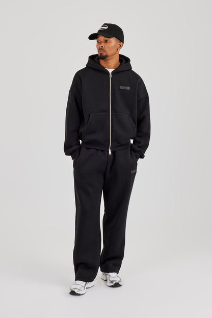 Logo Tab Zip Hoodie & Relaxed Jogger - Black - Kick Game