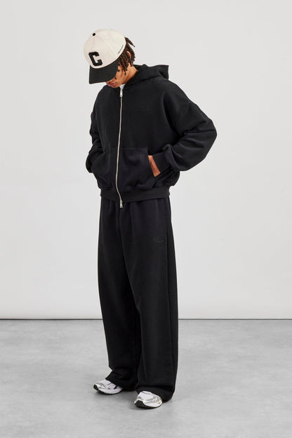 Zip Through Boxy Hoodie & Baggy Fit Jogger - Black - Kick Game