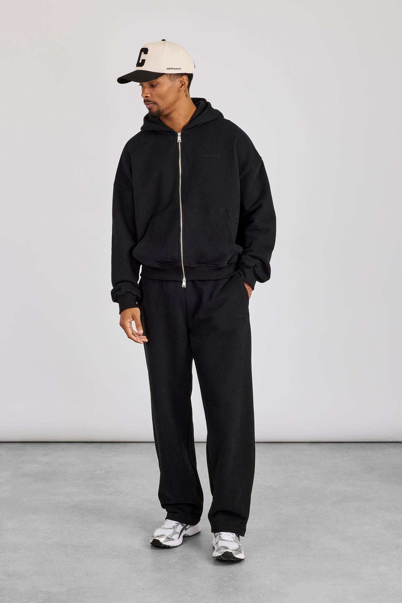 Cernucci Zip Through Boxy Hoodie & Relaxed Jogger - Black - Kick Game