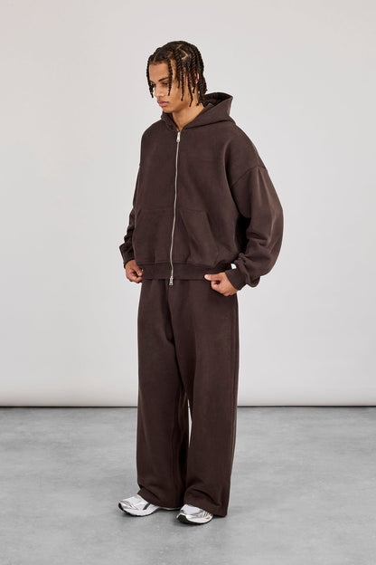 Zip Through Boxy Hoodie & Baggy Fit Jogger - Coffee - Kick Game