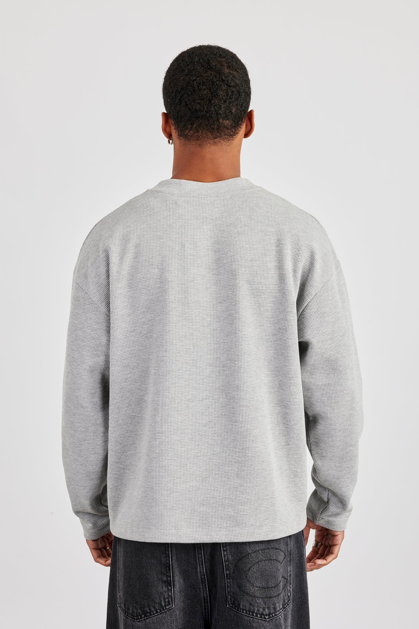 Long Sleeve Waffle Print T-Shirt - Grey - Kick Game
