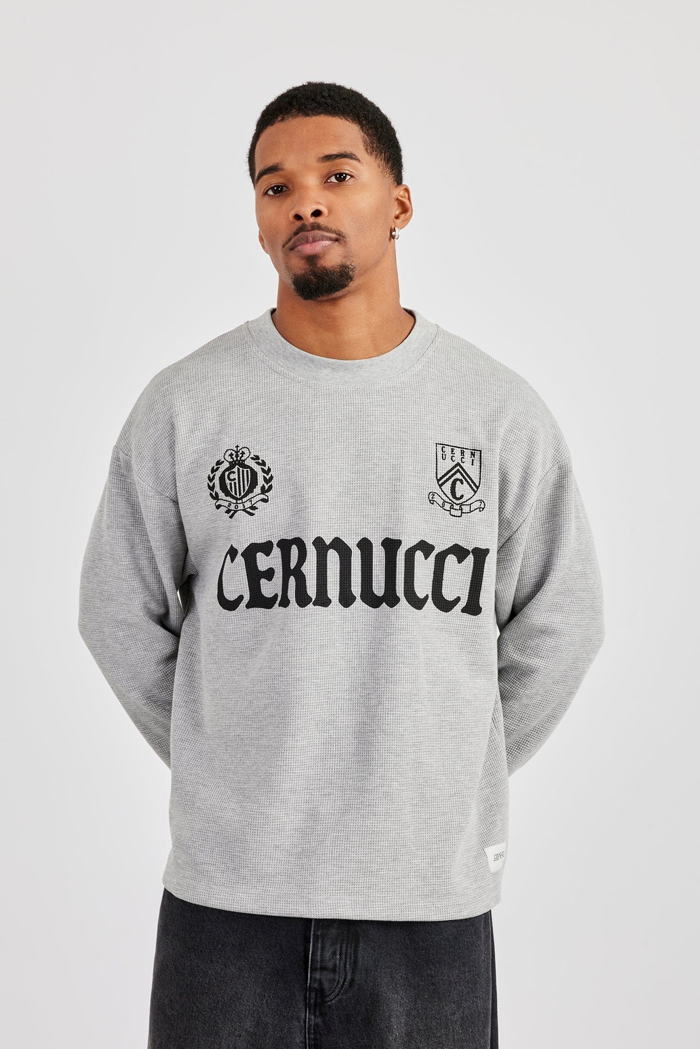 Long Sleeve Waffle Print T-Shirt - Grey - Kick Game