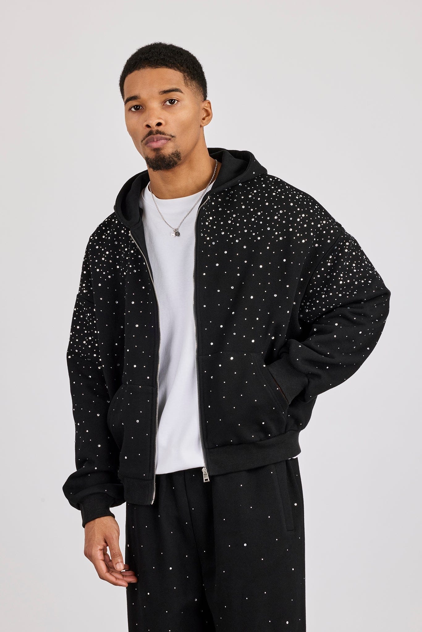 Cernucci Rhinestone Zip Through Hoodie - Black - Kick Game