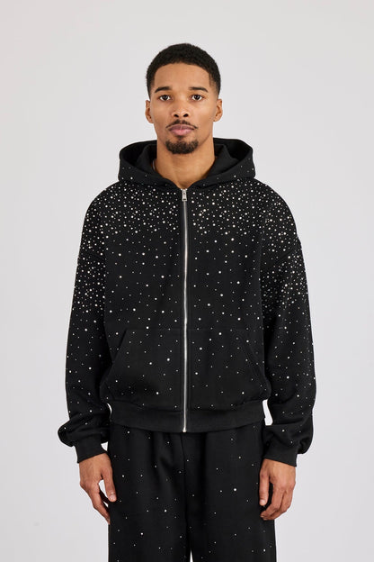 Cernucci Rhinestone Zip Through Hoodie - Black - Kick Game