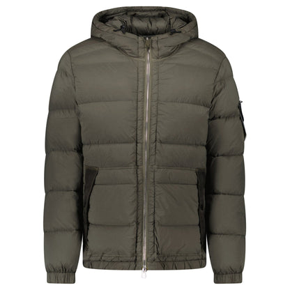 Stone Island Hooded Down Jacket with Seamless Feather Tunnels in Military Green - Kick Game