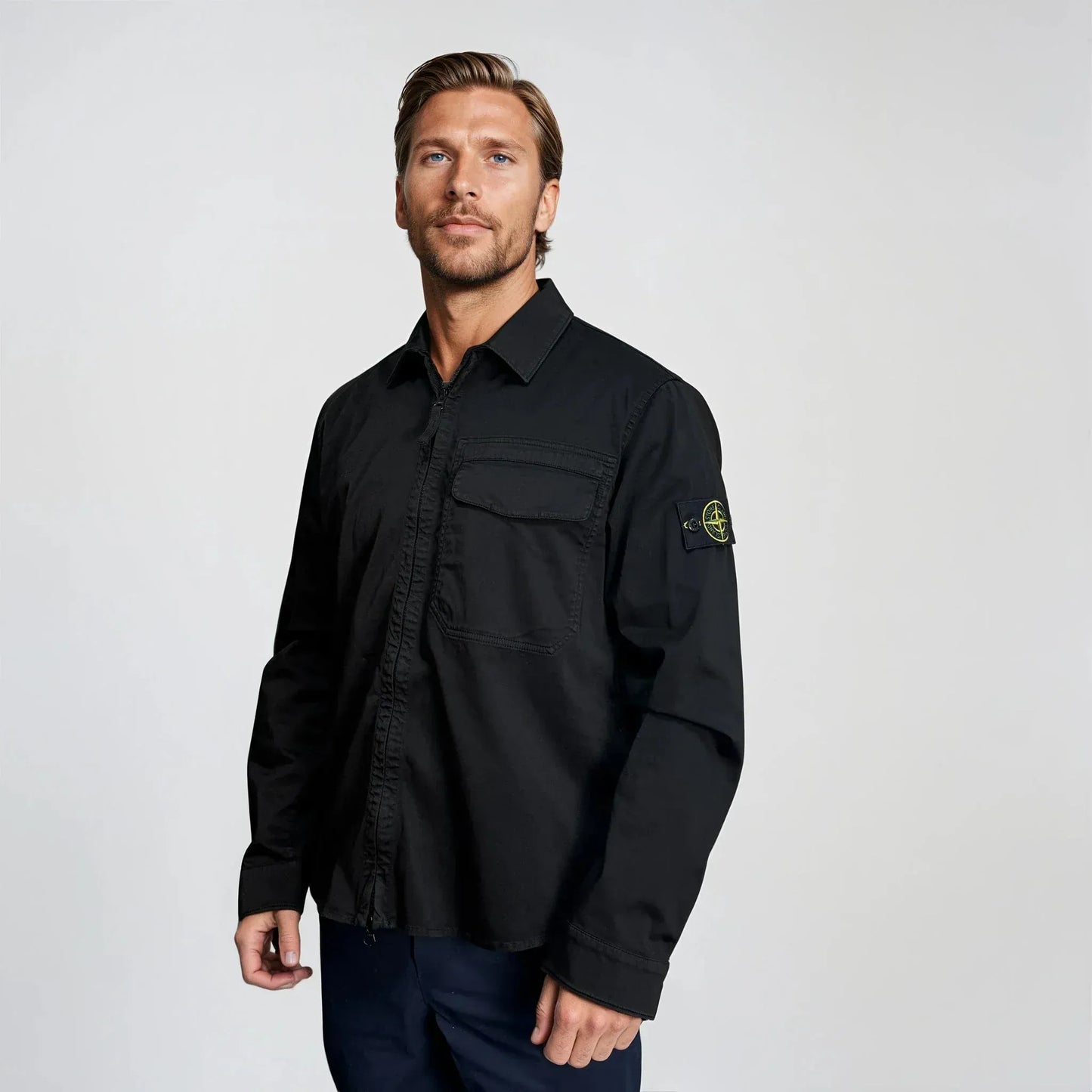 Stone Island Stretch Organic Cotton Satin Overshirt in Black - Kick Game