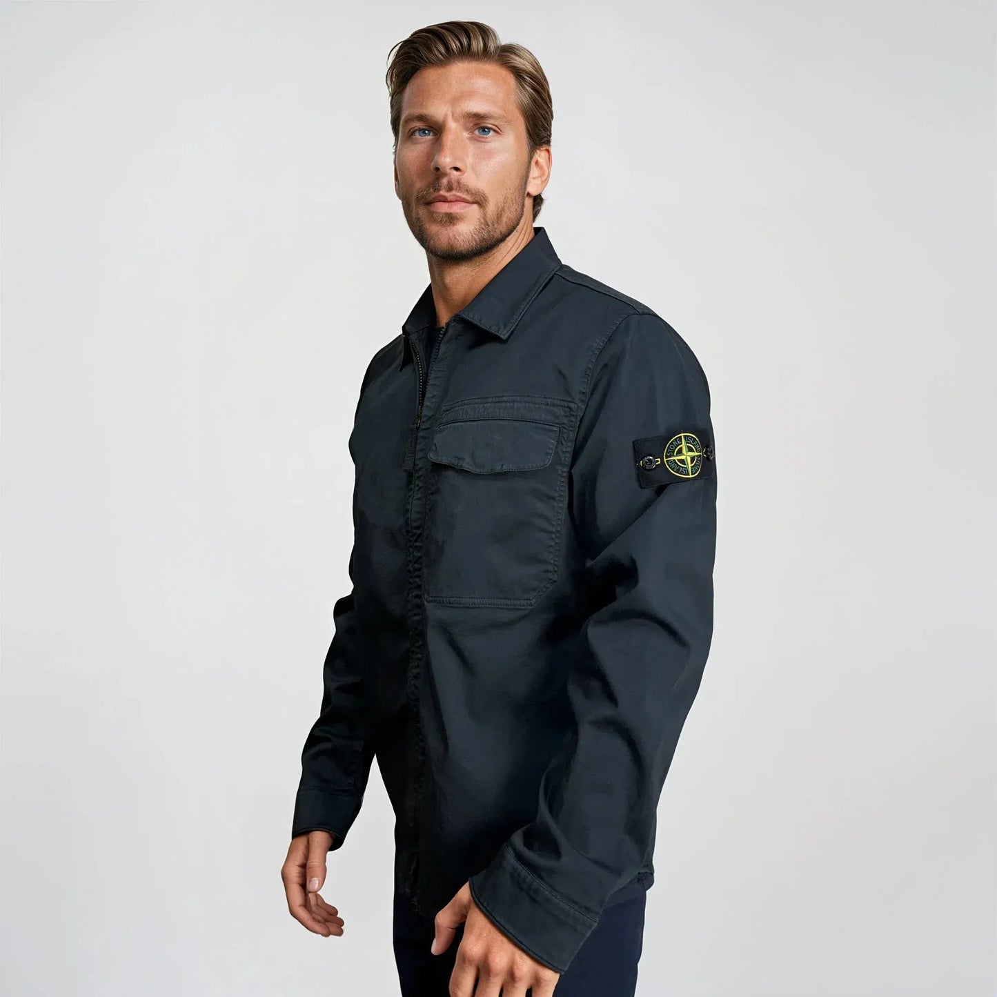 Stone Island Stretch Organic Cotton Satin Overshirt in Navy - Kick Game