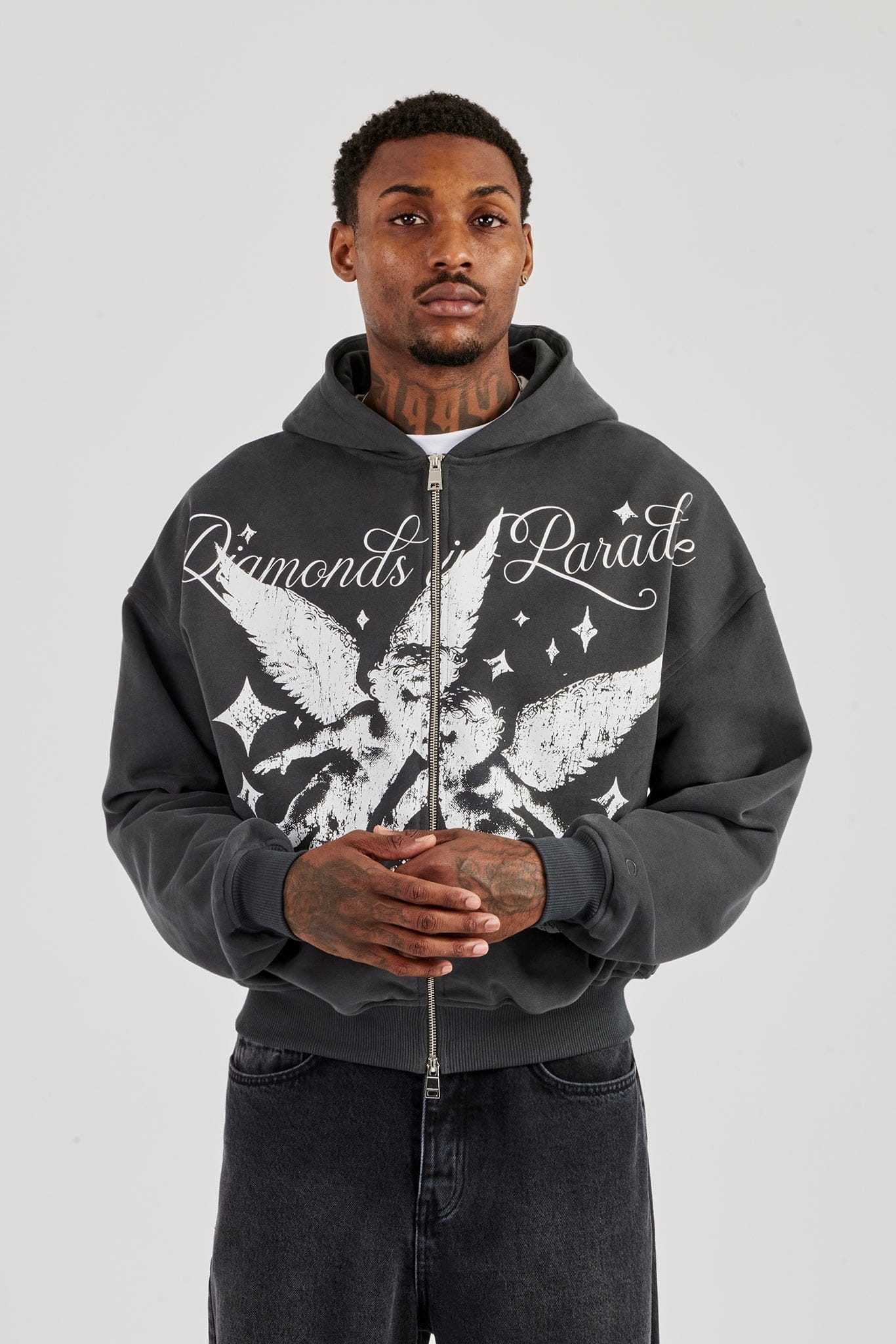 Cernucci Diamonds In Paradise Printed Boxy Zip Hoodie - Charcoal - Kick Game