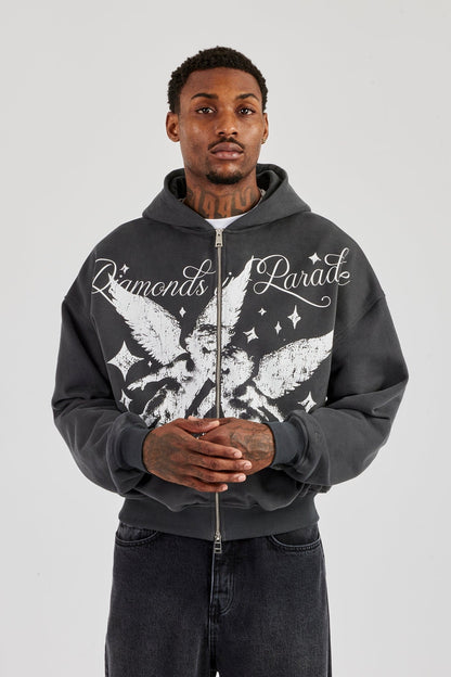 Cernucci Diamonds In Paradise Printed Boxy Zip Hoodie - Charcoal - Kick Game