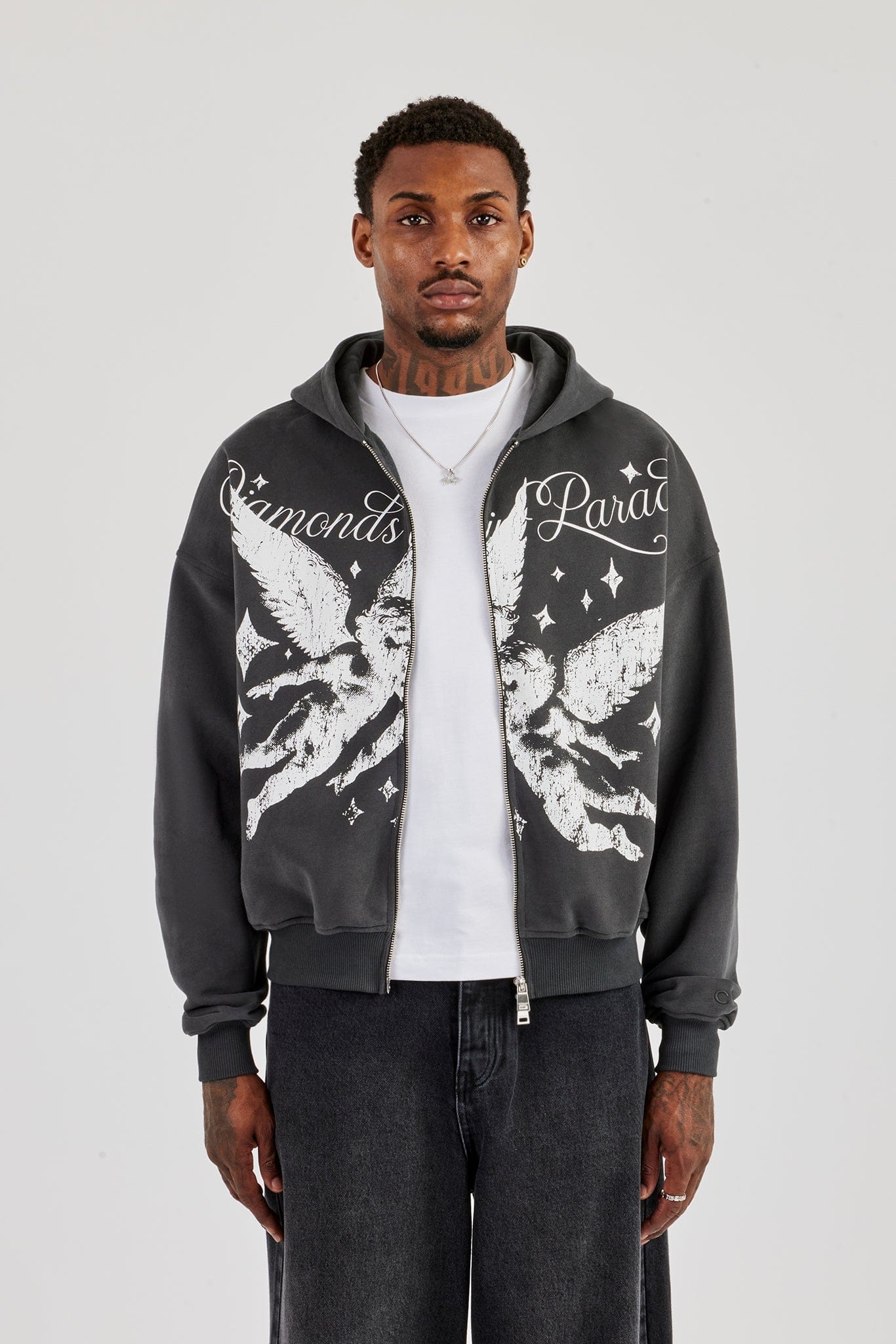 Cernucci Diamonds In Paradise Printed Boxy Zip Hoodie - Charcoal - Kick Game