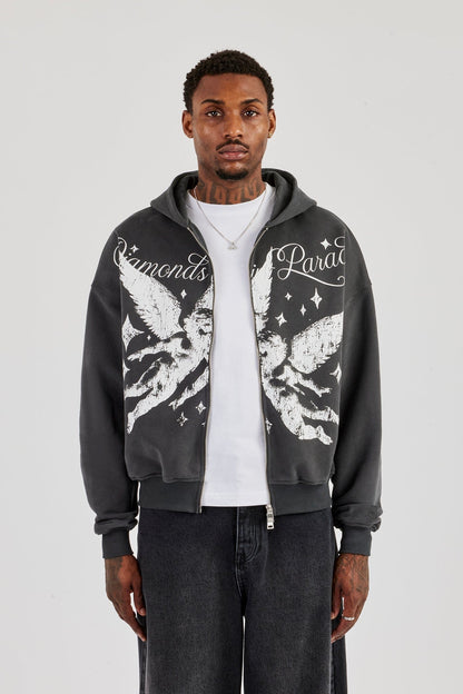 Cernucci Diamonds In Paradise Printed Boxy Zip Hoodie - Charcoal - Kick Game