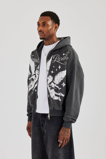 Cernucci Diamonds In Paradise Printed Boxy Zip Hoodie - Charcoal - Kick Game