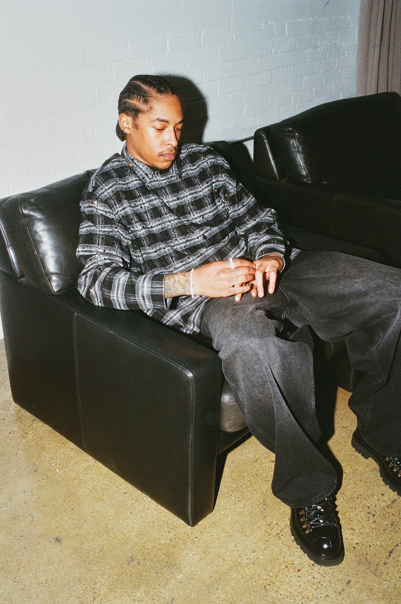 Cernucci Rhinestone Check Shirt - Black - Kick Game