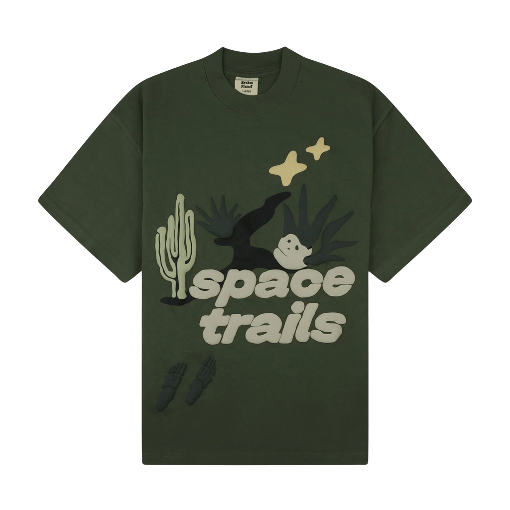 Broken Planet Market T Shirt 'Space Trails' - Olive Green - Kick Game